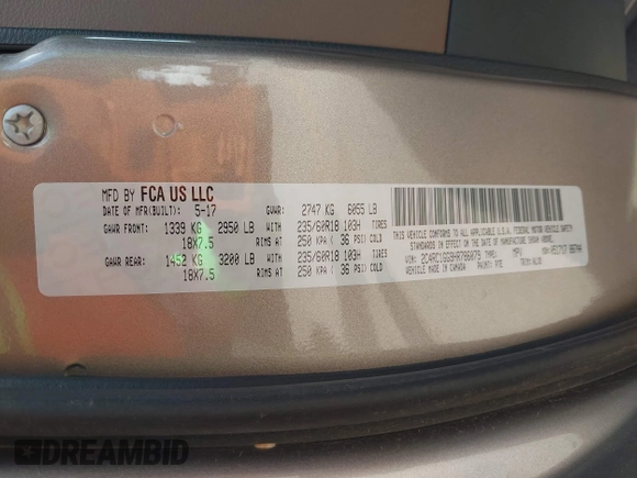2017 Chrysler Pacifica Limited with VIN 2C4RC1GG9HR786079, listed as a IAAI auction lot 42331526 with 75,329 mi miles and . Bid and sale history available at DreamBid. Image 9.