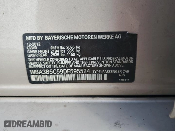 2013 BMW 3 Series 328i xDrive with VIN WBA3B5C59DF595524, listed as a Copart auction lot 60429175 with 111,990 mi miles and Salvage title. Bid and sale history available at DreamBid. Image 13.