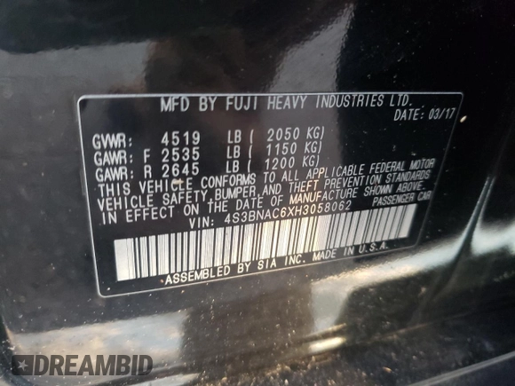 2017 Subaru Legacy Premium with VIN 4S3BNAC6XH3058062, listed as a Copart auction lot 68135522 with 118,603 mi miles. Bid and sale history available at carsss.com. Image 14.