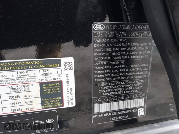 2020 Land Rover Range Rover с VIN SALGS5SE4LA413304, выставлен на аукционе IAAI как лот 41264428 с пробегом 56 457 миль миль и . История ставок и продаж доступна на DreamBid. Изображение 9.