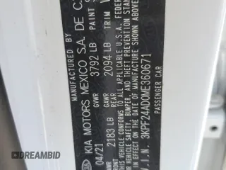 2021 Kia Forte LXS z VIN 3KPF24AD0ME360671, wystawiony jako Copart lot #56212885 z przebiegiem 84 205 mil mil oraz Szkoda całkowita • Salvage title. Historia ofert i sprzedaży dostępna na DreamBid. Obrazek 13.