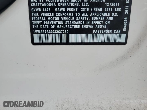 2012 Volkswagen Passat S с VIN 1VWAP7A30CC037230, выставлен на аукционе Copart как лот 62407865 с пробегом 161 242 миль миль и Списание • Salvage title. История ставок и продаж доступна на DreamBid. Изображение 13.