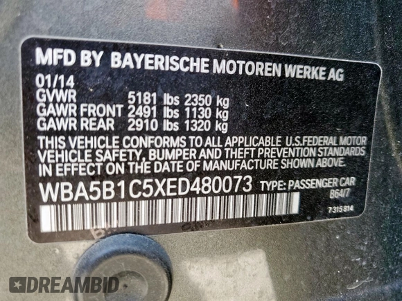 2014 BMW 5 Series 535i with VIN WBA5B1C5XED480073, listed as a Copart auction lot 50548555 with 101,179 mi miles and Clean Title. Bid and sale history available at carsss.com. Image 12.