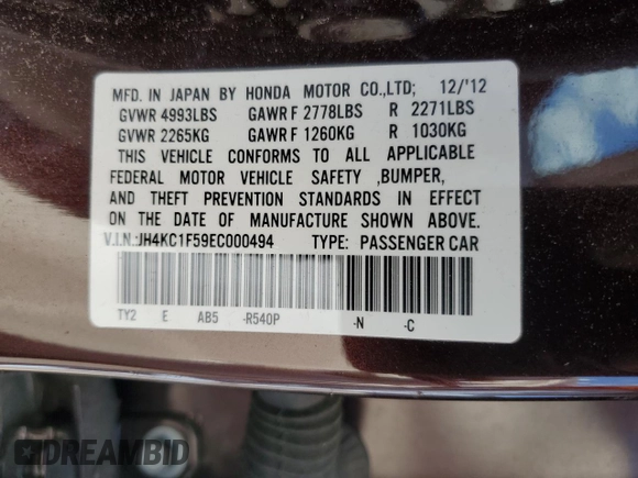 2014 Acura RLX Technology with VIN JH4KC1F59EC000494, listed as a Copart auction lot 55293475 with 100,857 mi miles and Salvage title. Bid and sale history available at DreamBid. Image 12.
