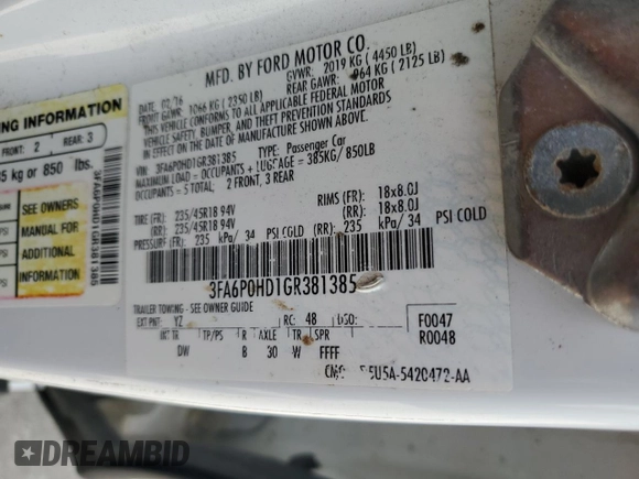 2016 Ford Fusion SE with VIN 3FA6P0HD1GR381385, listed as a Copart auction lot 62664685 with 283,123 mi miles and Salvage title. Bid and sale history available at DreamBid. Image 12.