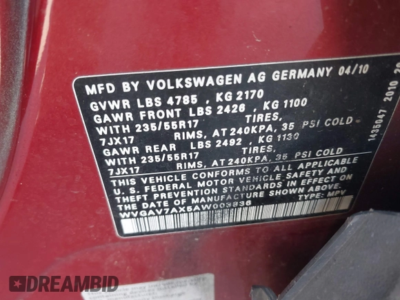 2010 Volkswagen Tiguan S z VIN WVGAV7AX5AW003836, wystawiony jako IAAI lot #42301007 z przebiegiem 176 403 mil mil oraz . Historia ofert i sprzedaży dostępna na DreamBid. Obrazek 9.