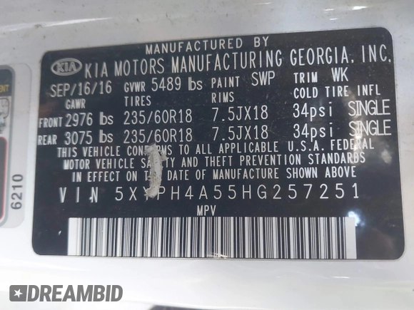 2017 Kia Sorento EX V6 with VIN 5XYPH4A55HG257251, listed as a IAAI auction lot 41406295 with 180,305 mi miles. Bid and sale history available at carsss.com. Image 9.