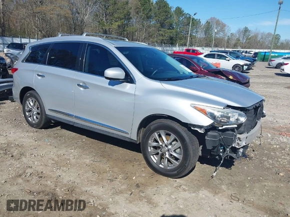 2013 Infiniti JX35 with VIN 5N1AL0MM3DC336945, listed as a IAAI auction lot 41858705 with 114,784 mi miles. Bid and sale history available at carsss.com. Image 1.