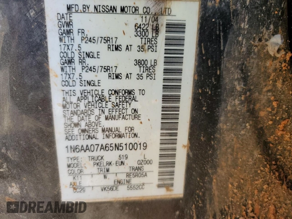 2005 Nissan Titan SE with VIN 1N6AA07A65N510019, listed as a Copart auction lot 53382375 with 337,220 mi miles and Salvage Title. Bid and sale history available at DreamBid. Image 12.