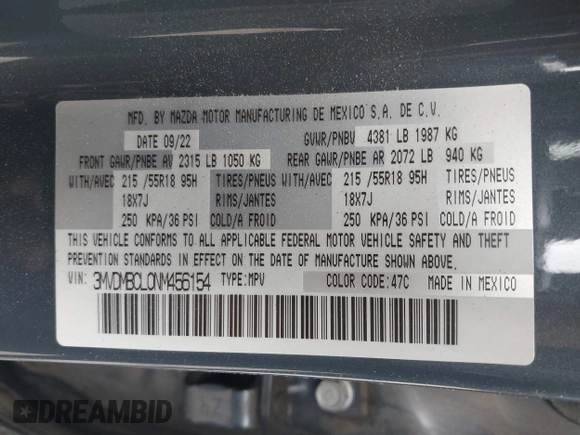 2022 Mazda CX-30 S Carbon Edition with VIN 3MVDMBCL0NM456154, listed as a IAAI auction lot 42153202 with 40,372 mi miles and . Bid and sale history available at DreamBid. Image 9.