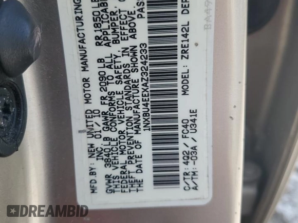 2010 Toyota Corolla with VIN 1NXBU4EEXAZ324233, listed as a Copart auction lot 53998685 with 0 mi miles and Salvage Title. Bid and sale history available at carsss.com. Image 12.