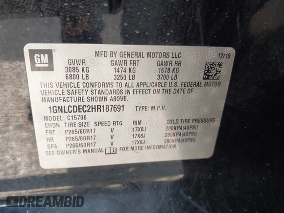 2017 Chevrolet Tahoe Commercial with VIN 1GNLCDEC2HR187691, listed as a IAAI auction lot 42495430 with 87,802 mi miles and . Bid and sale history available at DreamBid. Image 9.