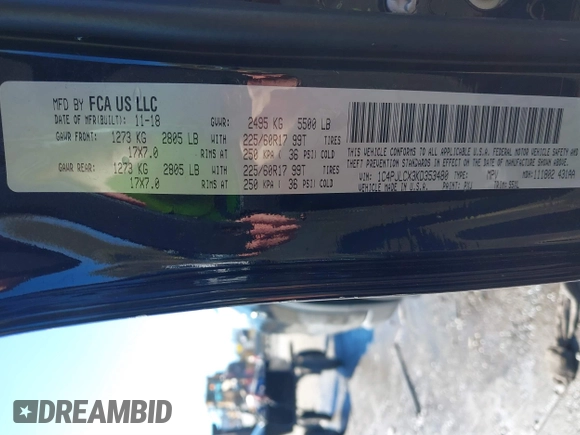 2019 Jeep Cherokee Latitude z VIN 1C4PJLCX3KD353480, wystawiony jako IAAI lot #41305389 z przebiegiem 88 326 mil mil oraz . Historia ofert i sprzedaży dostępna na DreamBid. Obrazek 9.