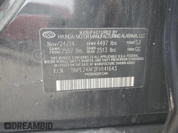 2015 Hyundai Sonata SE z VIN 5NPE24AF2FH141643, wystawiony jako Copart lot #57027995 z przebiegiem 149 648 mil mil oraz Czysty tytuł • Clean title. Historia ofert i sprzedaży dostępna na DreamBid. Obrazek 12.