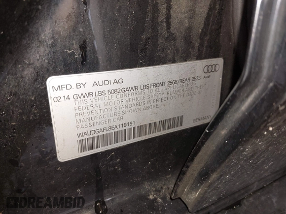 2014 Audi S4 Premium Plus with VIN WAUDGAFL8EA119191, listed as a IAAI auction lot 41697393 with 157,166 mi miles. Bid and sale history available at carsss.com. Image 9.