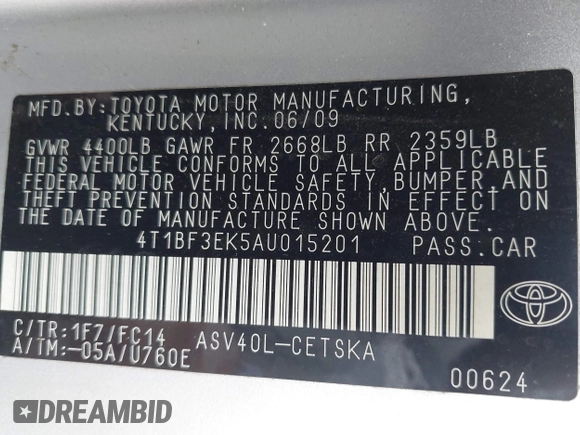 2010 Toyota Camry with VIN 4T1BF3EK5AU015201, listed as a IAAI auction lot 42261413 with 131,719 mi miles and . Bid and sale history available at DreamBid. Image 9.