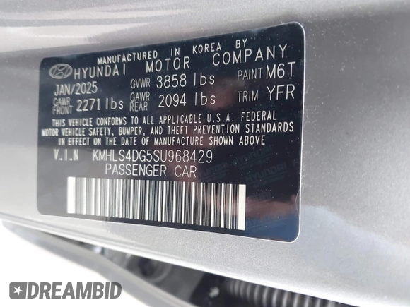 2025 Hyundai Elantra SEL Convenience with VIN KMHLS4DG5SU968429, listed as a IAAI auction lot 42225493 with 3,989 mi miles and . Bid and sale history available at DreamBid. Image 9.