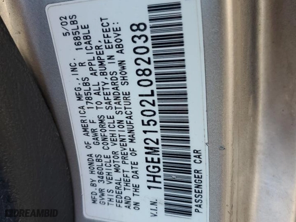 2002 Honda Civic LX with VIN 1HGEM21502L082038, listed as a Copart auction lot 45601295 with 222,047 mi miles and Salvage Title. Bid and sale history available at carsss.com. Image 12.