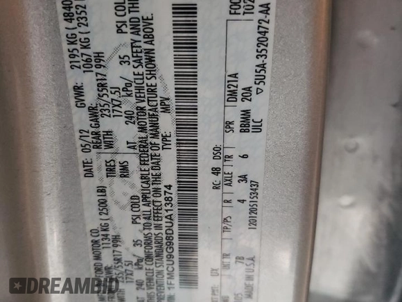 2013 Ford Escape SE with VIN 1FMCU9G98DUA13874, listed as a Copart auction lot 49039595 with 169,686 mi miles and Salvage Title. Bid and sale history available at DreamBid. Image 16.