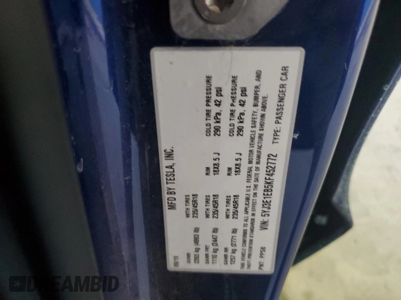 2019 Tesla Model 3 Long Range with VIN 5YJ3E1EB5KF452772, listed as a Copart auction lot 49033245 with 61,753 mi miles and Clean Title. Bid and sale history available at DreamBid. Image 13.