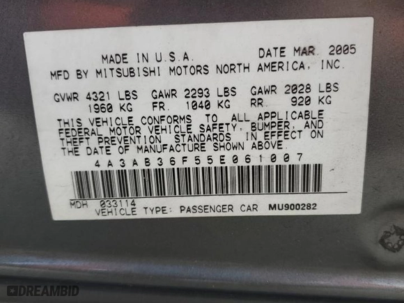 2005 Mitsubishi Galant ES with VIN 4A3AB36F55E061007, listed as a Copart auction lot 43740945 with 226181 miles and Salvage Title. Bid and sale history available at carsss.com. Image 12.