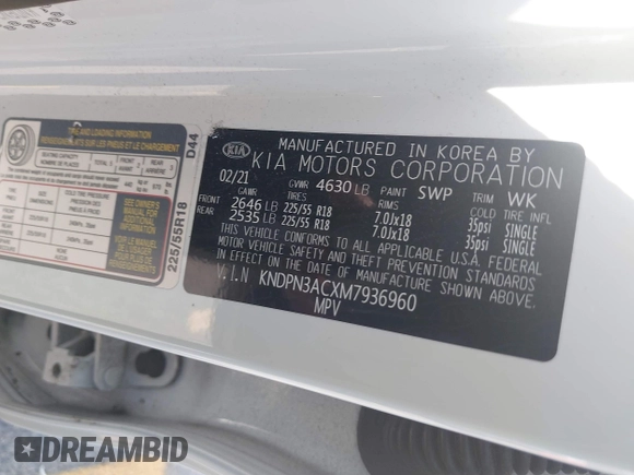 2021 Kia Sportage EX with VIN KNDPN3ACXM7936960, listed as a IAAI auction lot 42115357 with 27,964 mi miles and . Bid and sale history available at DreamBid. Image 9.