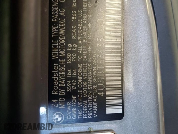 2003 BMW Z4 3.0i with VIN 4USBT53433LU00627, listed as a Copart auction lot 59109725 with 96,421 mi miles and Salvage title. Bid and sale history available at DreamBid. Image 12.