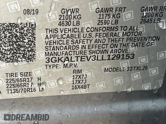 2020 GMC Terrain SLE with VIN 3GKALTEV3LL129153, listed as a Copart auction lot 44145915 with 51,472 mi miles and Salvage Title. Bid and sale history available at DreamBid. Image 13.