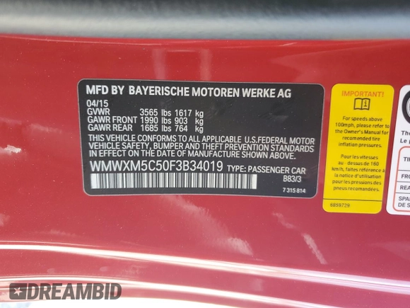 2015 MINI Hardtop with VIN WMWXM5C50F3B34019, listed as a Copart auction lot 57145745 with 224,177 mi miles and Salvage title. Bid and sale history available at DreamBid. Image 12.