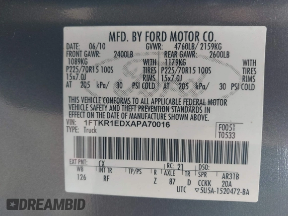 2010 Ford Ranger XL с VIN 1FTKR1EDXAPA70016, выставлен на аукционе IAAI как лот 41091448 с пробегом 106 105 миль миль и . История ставок и продаж доступна на DreamBid. Изображение 9.