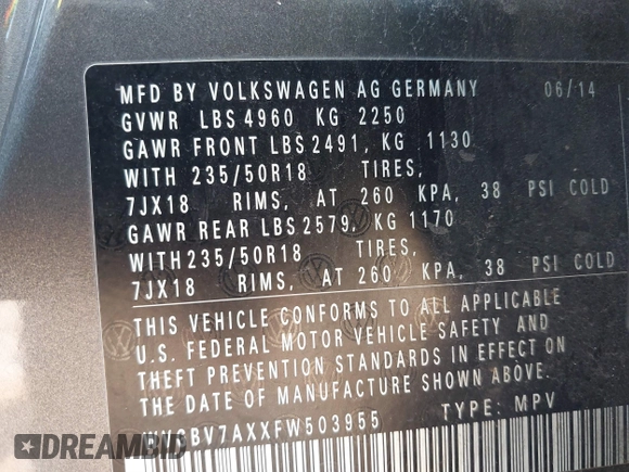 2015 Volkswagen Tiguan SE z VIN WVGBV7AXXFW503955, wystawiony jako IAAI lot #41730076 z przebiegiem 146 446 mil mil oraz . Historia ofert i sprzedaży dostępna na DreamBid. Obrazek 9.