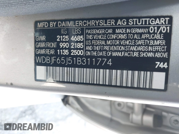 2001 Mercedes-Benz E 320 z VIN WDBJF65J51B311774, wystawiony jako IAAI lot #41953089 z przebiegiem 170 338 mil mil oraz . Historia ofert i sprzedaży dostępna na DreamBid. Obrazek 9.