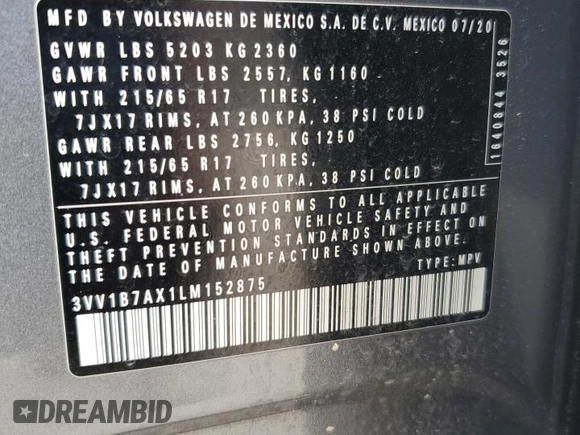 2020 Volkswagen Tiguan S z VIN 3VV1B7AX1LM152875, wystawiony jako Copart lot #62441255 z przebiegiem 107 304 mil mil oraz Szkoda całkowita • Salvage title. Historia ofert i sprzedaży dostępna na DreamBid. Obrazek 12.