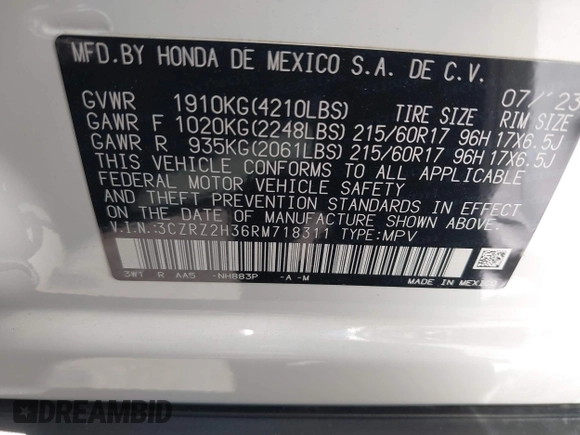 2024 Honda HR-V LX with VIN 3CZRZ2H36RM718311, listed as a IAAI auction lot 42012953 with 30,184 mi miles and . Bid and sale history available at DreamBid. Image 9.