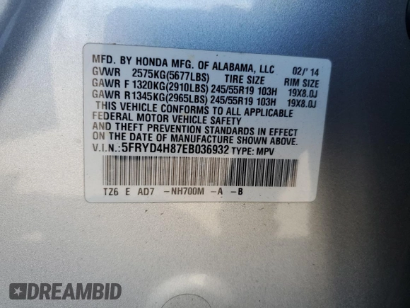 2014 Acura MDX Advance with VIN 5FRYD4H87EB036932, listed as a Copart auction lot 48427385 with Not Provided miles and Salvage Title. Bid and sale history available at DreamBid. Image 13.