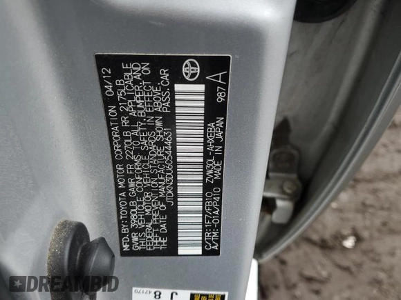 2012 Toyota Prius One with VIN JTDKN3DU6C5444631, listed as a Copart auction lot 52697135 with 179,445 mi miles and Salvage Title. Bid and sale history available at carsss.com. Image 14.