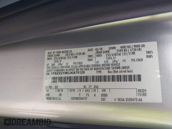 2018 Ford Transit Passenger XL with VIN 1FBZX2YM0JKA70128, listed as a IAAI auction lot 42379000 with 125,309 mi miles and . Bid and sale history available at DreamBid. Image 9.
