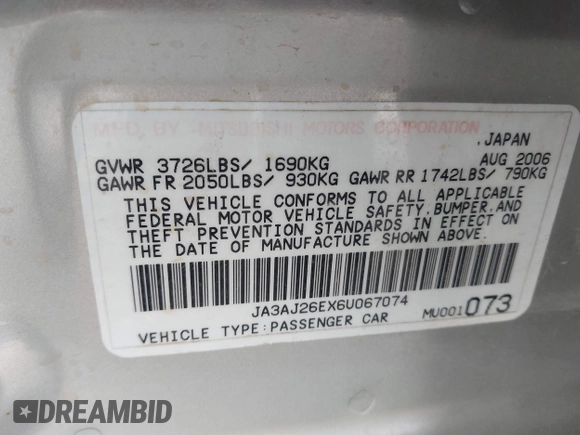 2006 Mitsubishi Lancer ES with VIN JA3AJ26EX6U067074, listed as a IAAI auction lot 41914213 with 98,074 mi miles and . Bid and sale history available at DreamBid. Image 9.