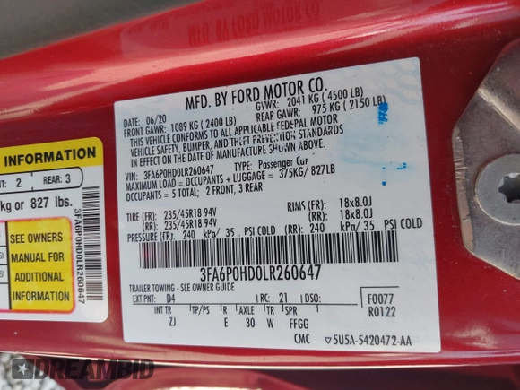 2020 Ford Fusion SE with VIN 3FA6P0HD0LR260647, listed as a IAAI auction lot 42388694 with 56,439 mi miles and . Bid and sale history available at DreamBid. Image 9.