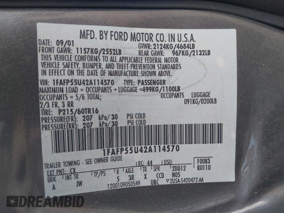 2002 Ford Taurus SES Standard с VIN 1FAFP55U42A114570, выставлен на аукционе IAAI как лот 42723316 с пробегом 120 191 миль миль и . История ставок и продаж доступна на DreamBid. Изображение 9.