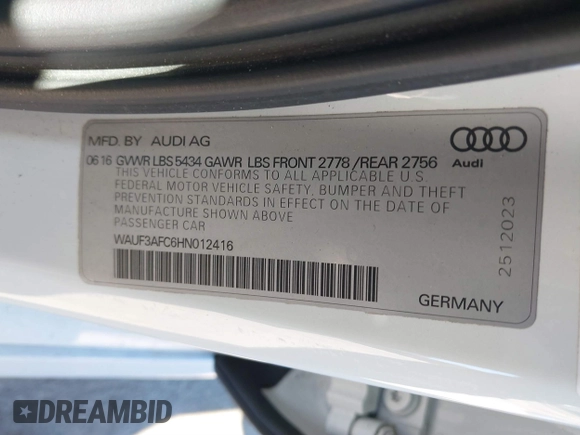 2017 Audi A6 Competition Prestige with VIN WAUF3AFC6HN012416, listed as a IAAI auction lot 41802953 with 117,207 mi miles. Bid and sale history available at carsss.com. Image 9.