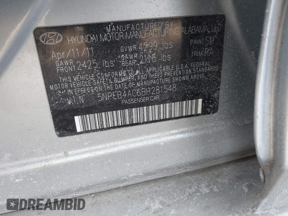 2011 Hyundai Sonata GLS with VIN 5NPEB4AC6BH281548, listed as a IAAI auction lot 41442475 with 129,665 mi miles and . Bid and sale history available at carsss.com. Image 9.