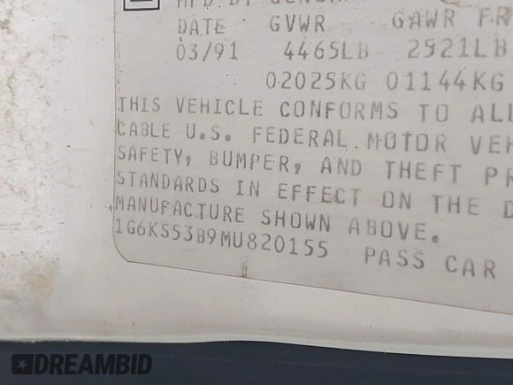 1991 Cadillac Seville z VIN 1G6KS53B9MU820155, wystawiony jako IAAI lot #40035441 z przebiegiem 78 021 mil mil oraz . Historia ofert i sprzedaży dostępna na DreamBid. Obrazek 15.