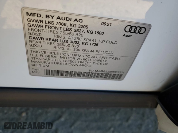 2022 Audi e-tron Premium with VIN WA1AABGE3NB007271, listed as a Copart auction lot 76786454 with 31,633 mi miles and Salvage Title. Bid and sale history available at DreamBid. Image 12.