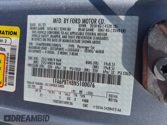 2022 Ford Mustang EcoBoost with VIN 1FA6P8TH8N5100076, listed as a IAAI auction lot 42476425 with 44,011 mi miles and . Bid and sale history available at DreamBid. Image 9.