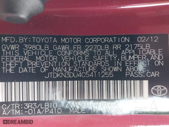 2012 Toyota Prius One with VIN JTDKN3DU4C5411255, listed as a IAAI auction lot 41544026 with 254,304 mi miles. Bid and sale history available at carsss.com. Image 9.