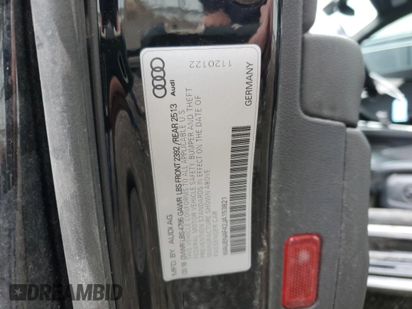 2018 Audi A4 Premium Plus с VIN WAUENAF42JA153821, выставлен на аукционе Copart как лот 57150955 с пробегом 54 792 миль миль и Списание • Salvage title. История ставок и продаж доступна на DreamBid. Изображение 13.