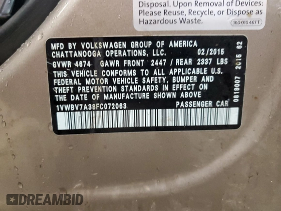 2015 Volkswagen Passat SE с VIN 1VWBV7A38FC072063, выставлен на аукционе Copart как лот 55957005 с пробегом 140 821 миль миль и Чистый • Clean title. История ставок и продаж доступна на DreamBid. Изображение 12.