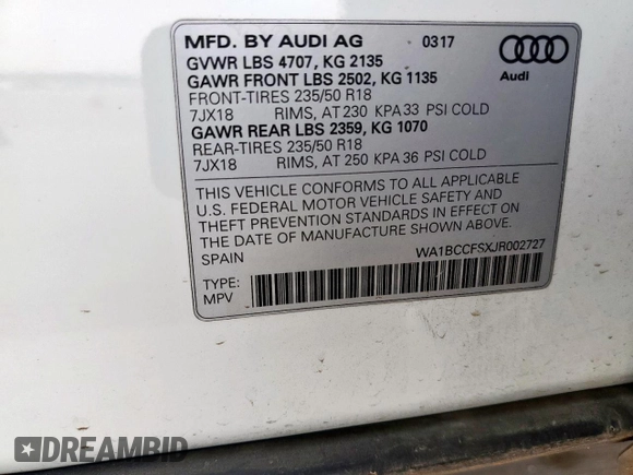 2018 Audi Q3 Premium with VIN WA1BCCFSXJR002727, listed as a Copart auction lot 56356255 with 45,092 mi miles and Salvage title. Bid and sale history available at DreamBid. Image 13.