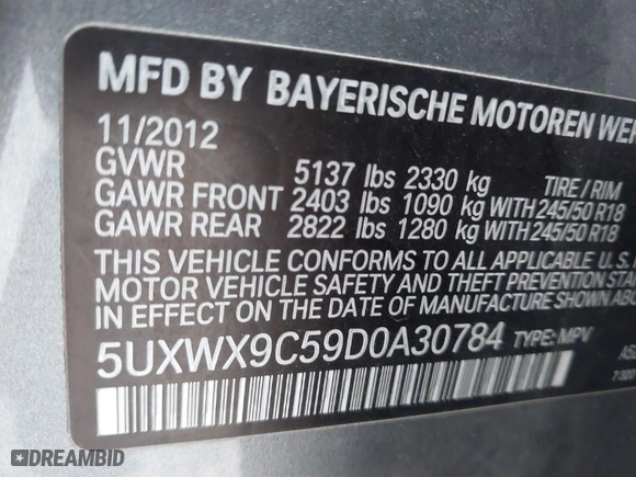 2013 BMW X3 xDrive28i with VIN 5UXWX9C59D0A30784, listed as a IAAI auction lot 41715916 with 119,643 mi miles. Bid and sale history available at carsss.com. Image 9.